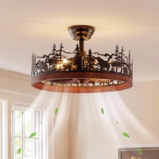 Farmhouse Rustic Ceiling Fan with Light and Remote, 21.7" Flush Mount Enclosed B