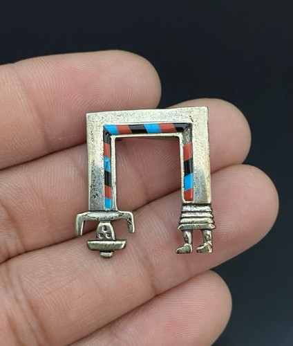 Native American Turquoise Multi Stone Navajo Yei Figure Sterling Silver Brooch