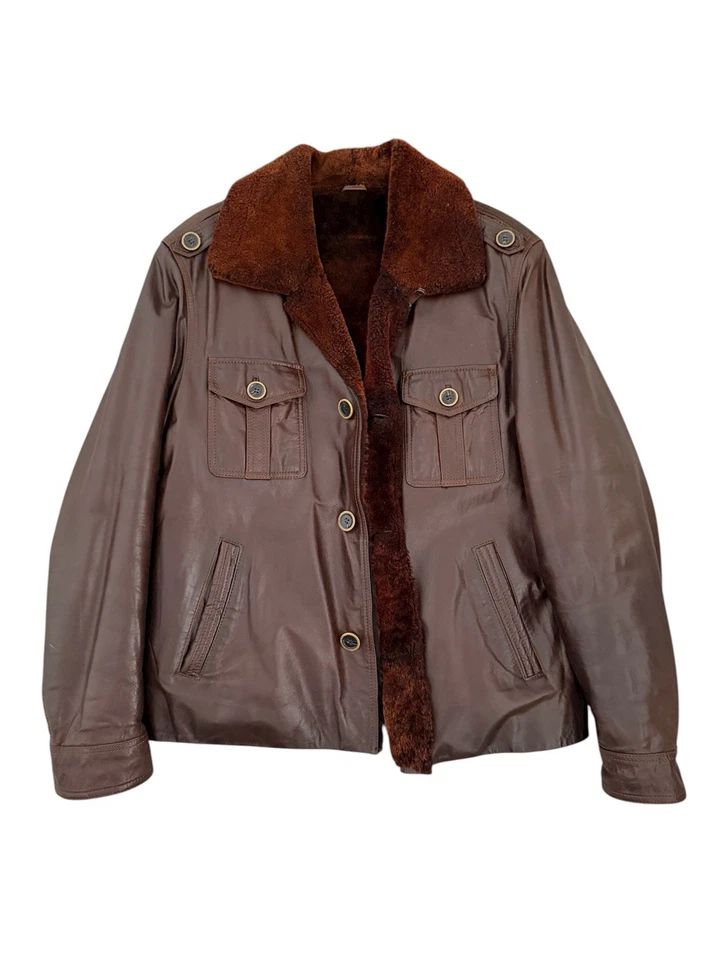 Daniel Rossi Brown Leather Fur Lined Aviator Bomber Jacket 52 Italy - Image 2 of 4