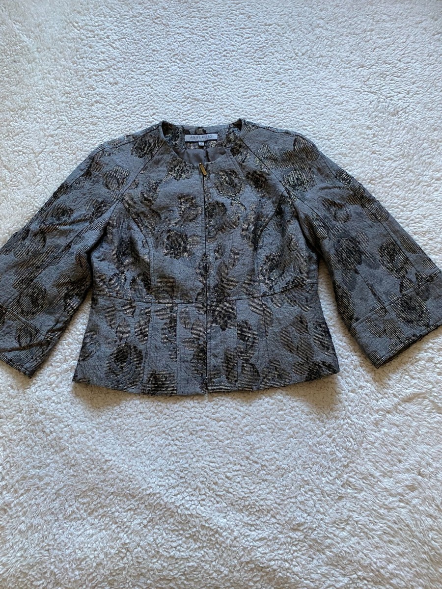 Anne Klein New York Women Floral Full Zip 3/4 Sleeve Jacket Gray 