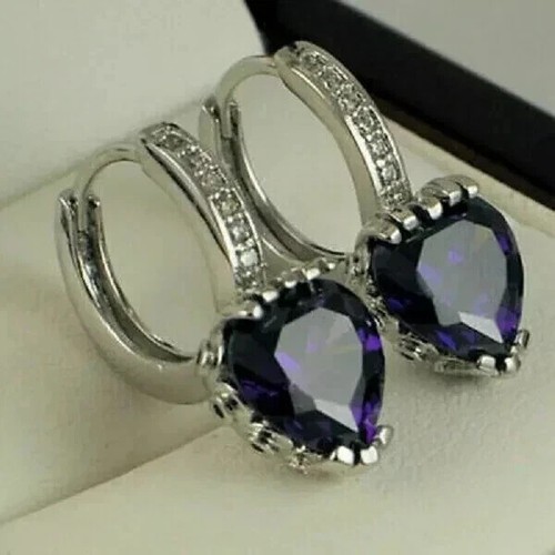 Dangle Drop Heart Earring 14K White Gold Finish Simulated Heart Cut Sapphire - Picture 2 of 5