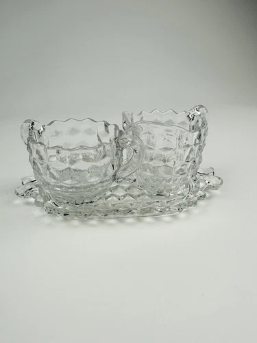 Vintage Fostoria American Cubist Glass Sugar and Creamer with Oval Tray