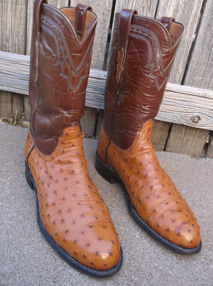 LUCCHESE 2000 Peanut Brittle Exotic FQ Ostrich Roper Cowboy Boots 8-1/2 D