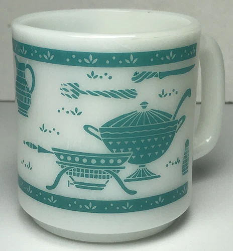 Vintage Turquoise on White Milk Glass #36 Coffee Tea Mug Cup Mid Century EUC
