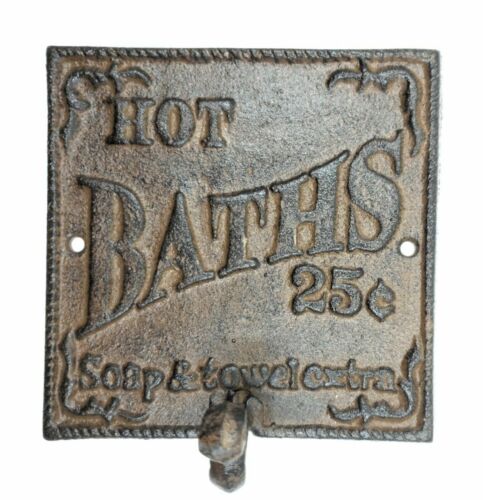 Rustic Hot Bath Sign Hook Farmhouse Primitive Wall Bathroom Hanger VTG Decor