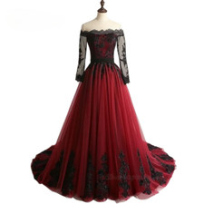 Black Burgundy Wedding Dresses Lace Applique Long Sleeves Vintage Gothic Gowns