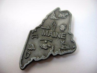 Vintage Maine State Map Magnet Pewter Tone Metal 3D Relief Josef USA 1990