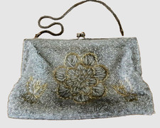 Vintage Silver  Gold Beaded Evening Bag Hand Made Hong Kong EVC
