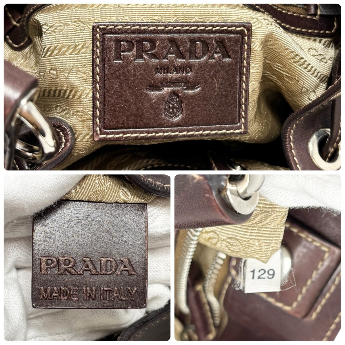 PRADA Vintage Jacquard Logo Shoulder Bag Brown Silver Cotton