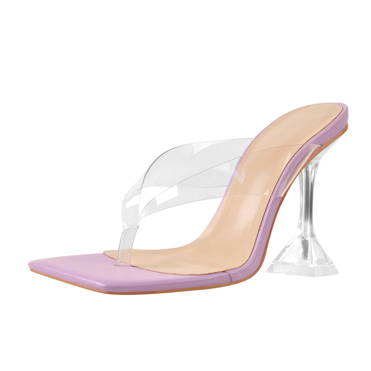 Women s High Heeled Flip Flops Square Open Toe Thong Sandal Clear Casual Purple