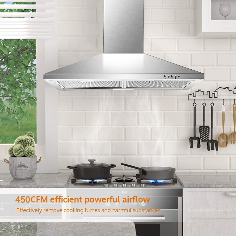 30inch Wall Mounted Kitchen Range Hood 450CFM Stainless Steel Cooking vent LED