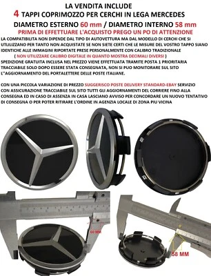 GENERICO PRODOTTO COMMERCIALE 4 TAPPI COPRIMOZZO 60 MM MERCEDES BENZ CLASSE A B C E LOGO CERCHI LEGA NERO