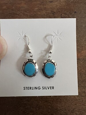 Native American Navajo Earrings Dangle Small Oval Turquoise Real Nice Zuni #K