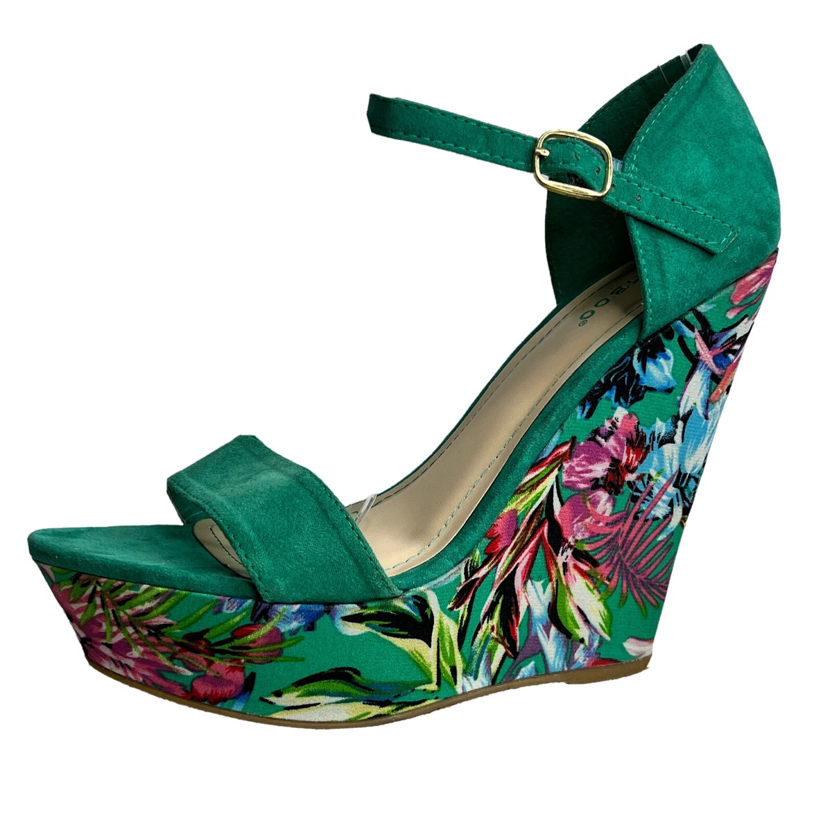 Bamboo Single Band Platform Wedge Sandals Ankle Strap 9 Green Floral Open  Toe