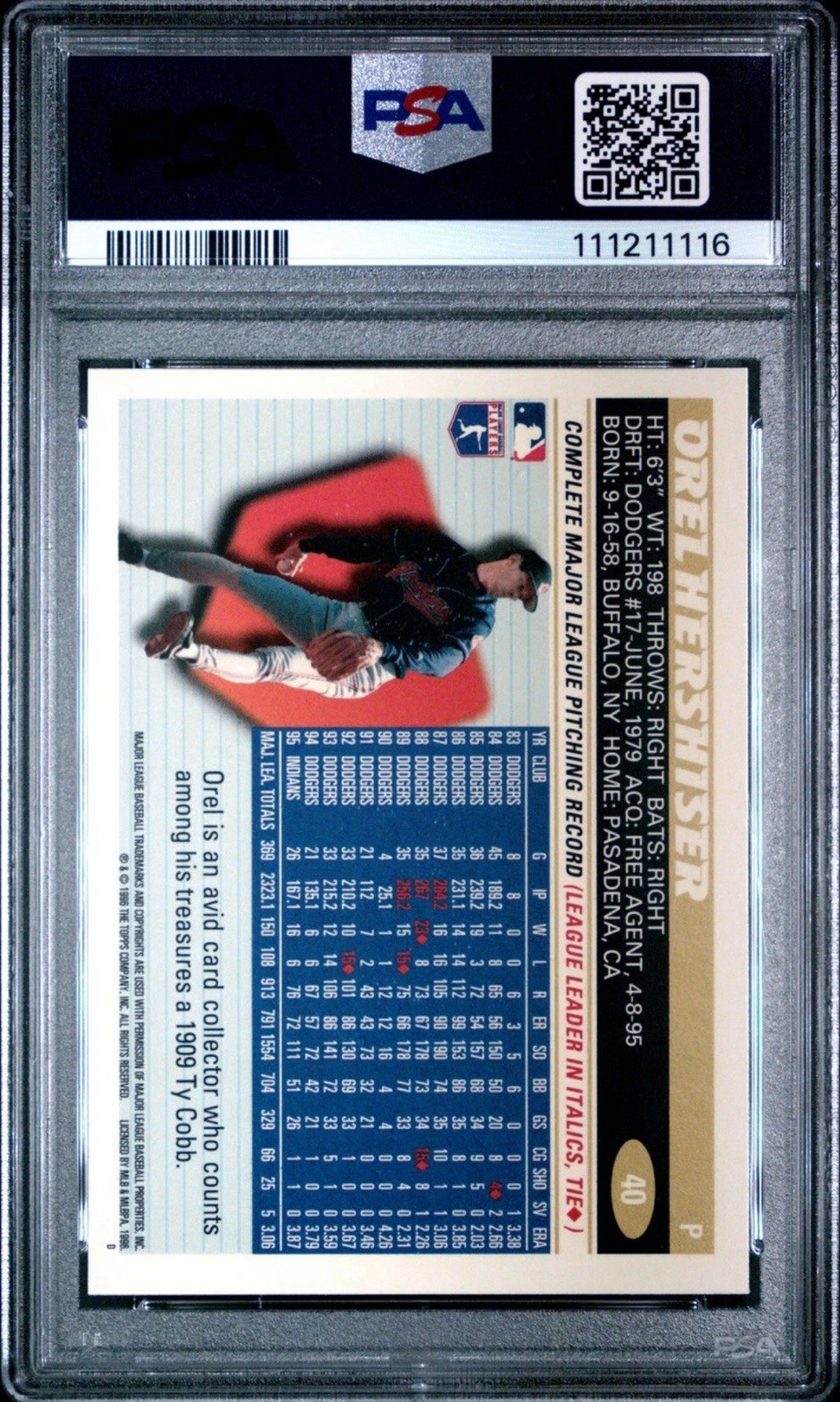 PSA 10 1996 Topps OREL HERSHISER #40 CLEVELAND INDIANS