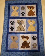 NEW HANDMADE BABY BOY GIRL CRIB QUILT THROW PUPPIES DOGS BLUE PAW PRINTS