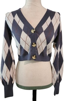 Women's SO Blue White Argyle Harlequin Cardigan Sweater XS NWT