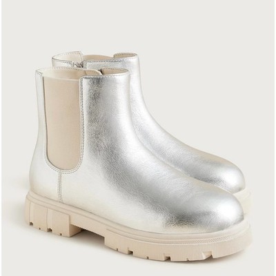 NWT J. Crew Crewcuts 3 Girls' Lug-sole Boots Metallic Crinkle Silver