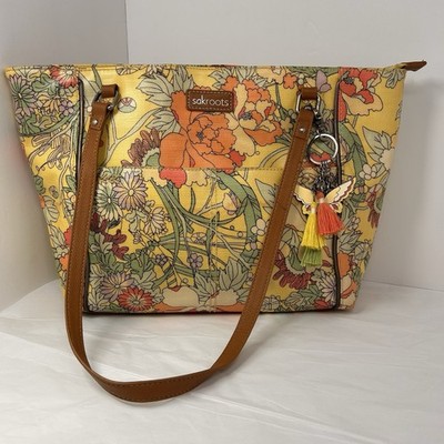 Sakroots Large Floral Coated Canvas Shoulder Bag Zip Top W/Tassel Charm