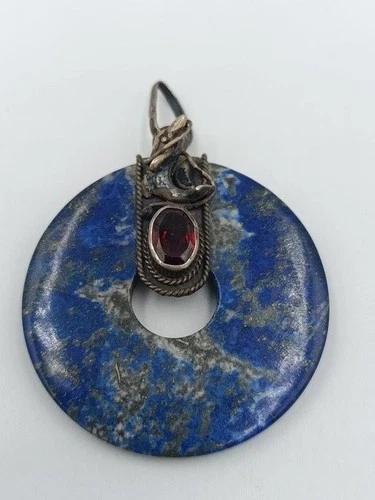Silver Pendant with Lapis Lazuli & Red Stone - Vintage Jewellery