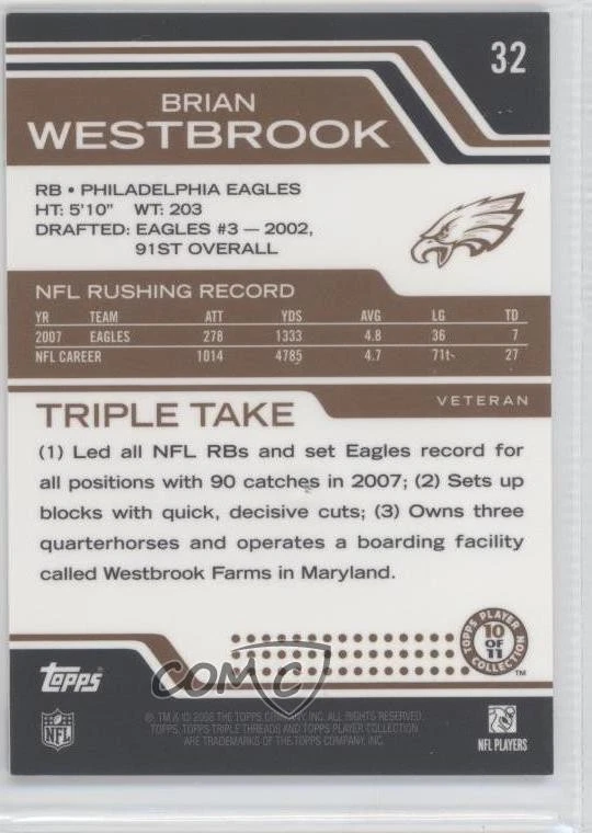 2008 Topps Triple Threads Sepia /249 Brian Westbrook #32 - Image 2 of 2
