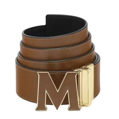 MCM CLAUS LEATHER INLAY M REVERSIBLE BELT IN EMBOSSED LEATHER  TOFFEE-BLACK