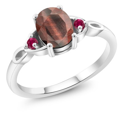 925 Sterling Silver Red Tiger Eye and Created Ruby 3-Stone Rings For Women