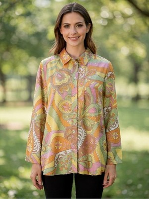 ZARA XXL Retro 70s Psychedelic Floral Paisley Cotton Button Down Shirt Blouse