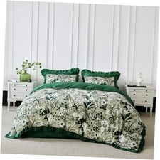 Dark Green Botanical Duvet King 90 in x 104 in White Floral Green Ruffle