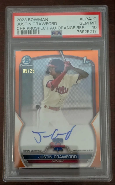 2023 1st Bowman Justin Crawford Chrome True Orange Refractor Auto 9/25 PSA 10