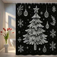 Christmas Shower Curtain with White Tree Design on Black Background