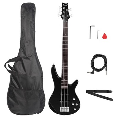 US 44'' 5-String Black Basswood Electric Bass Guitar W/Bag Strap Pick Plectrum