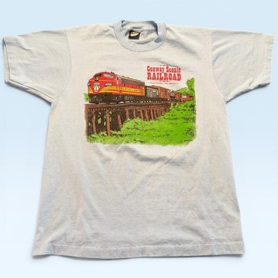 Vintage Conway Scenic Railroad Shirt Mens Large Blue T-Shirt Screen Stars Best