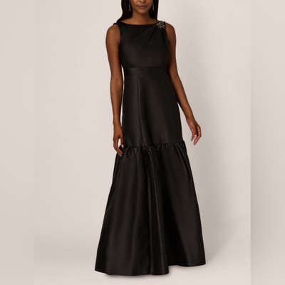 NWT Adrianna Papell Mikado Flounce Shirred Black Gown Sz 6 MSRP $229