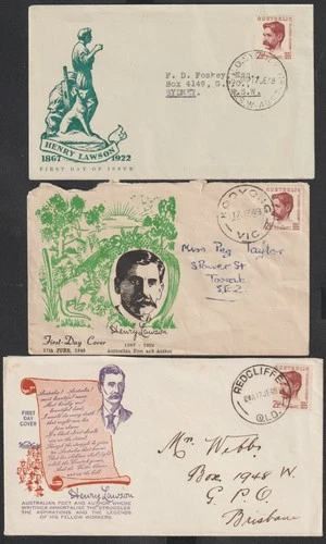 3 Australia 1949 FDC First Day Cover 21/2d Henry Lawson Types Variety