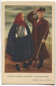POSTCARD Poland folk costumes ethnic type Kielce antique art regional dress old