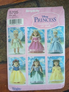 Simplicity 5705 Disney Princess Costumes 18" Doll Clothes Pattern UNCUT