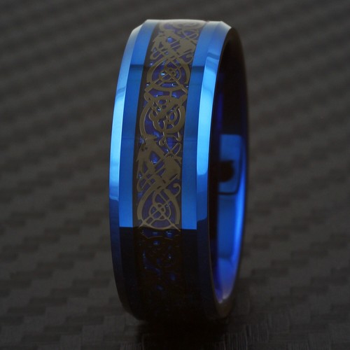 8mm Blue Tungsten Carbide Black Celtic Dragon Stripe Band Ring Men's Jewelry - Picture 2 of 8