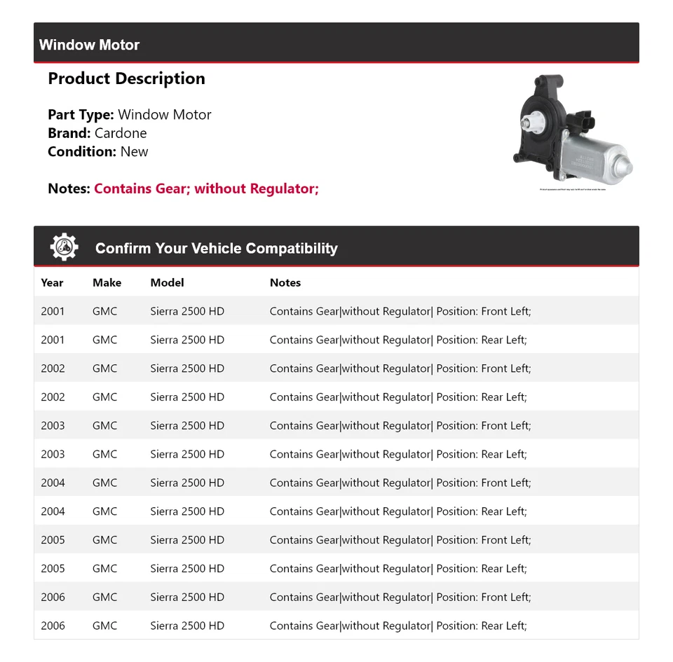 Para GMC Sierra 2500 HD 2001-2006 Ventana Motor Cardone 2002 2003 2004 2005 Foto 2 de 4