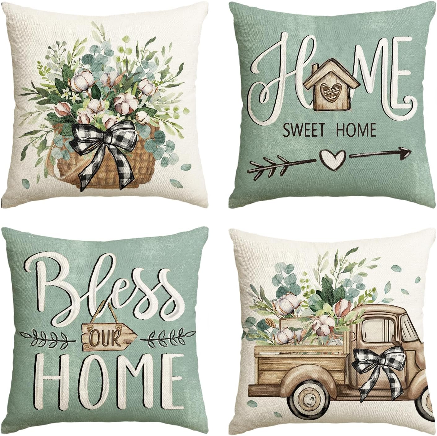 Bless Our Home 18x18 Pillow Covers, Set of 4 Farmhouse Eucalyptus Truck Decor