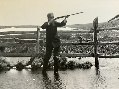 Vintage Photo Reprint Male DUCK Hunter With Shotgun Rifle Shooting Birds