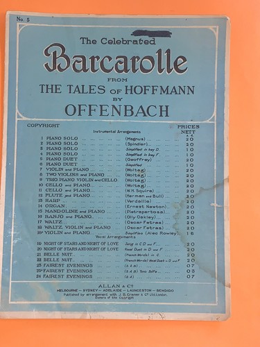 Antique Sheet Music-1881 Barcarole The Tales Of Hoffman By Offenbach Allan & Co - Picture 12 of 12