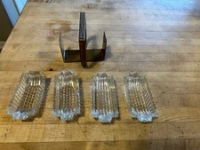 Vtg 4 Individuals (mini) Card Table Glass Ashtrays w/ Solid Bronze Carrier  MCM