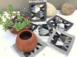Zapotec Oaxacan 5"x6" Hand Woven Geometric Natural Wool Gray Tapestry 6 Coasters