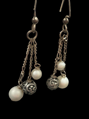 AGI Italy Sterling Silver 925 Freshwater Pearl Formed Bead Dangle Drop Earrings