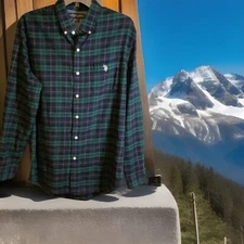 US Polo Assn Flannel Button Down Shirt Mens M Medium Green Plaid Stretch