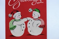 Vintage Norcross Mid Century Christmas Card- Snowman Playing- Wearing Scarf Hat