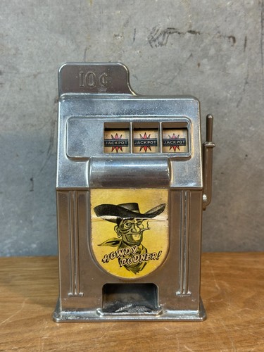 1950s Vintage Bigler Mfg 'Howdy Podner' 10 Cent Toy Slot Machine Coin Bank WORKS