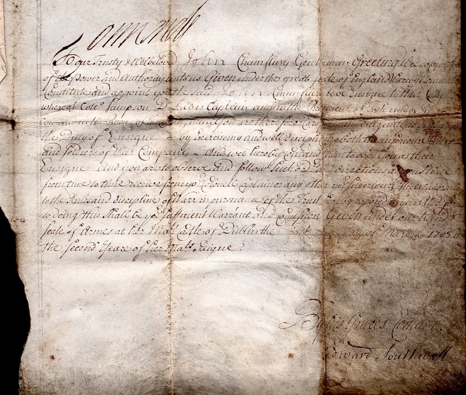 1705 Queen Anne Irish Military Commission Signed EdwardSouthwell Chief Secretary - Image 4 of 4
