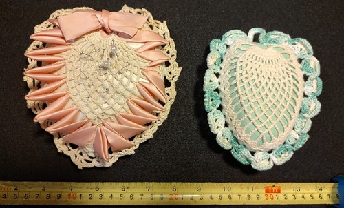 Vintage Crochet Heart Pin Cushions Set Of 2 Handmade Sewing Notions Craft Decor